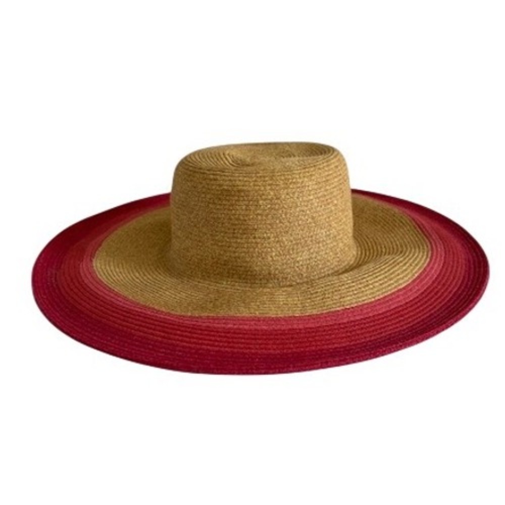 Talbots Pink Red Ombre Stripe Wide Brim Straw Sun Hat Tan Woven Summer Boater